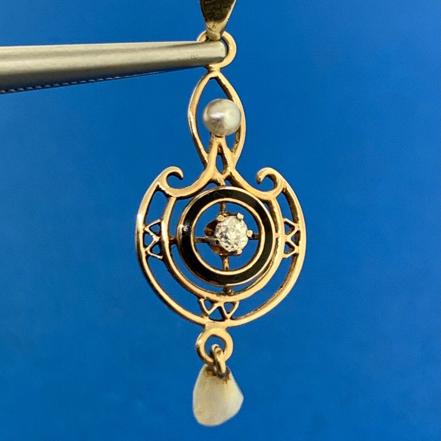 Art Nouveau 10K Yellow Gold Diamond Pearl Black Enamel Drop Dangle Pendant