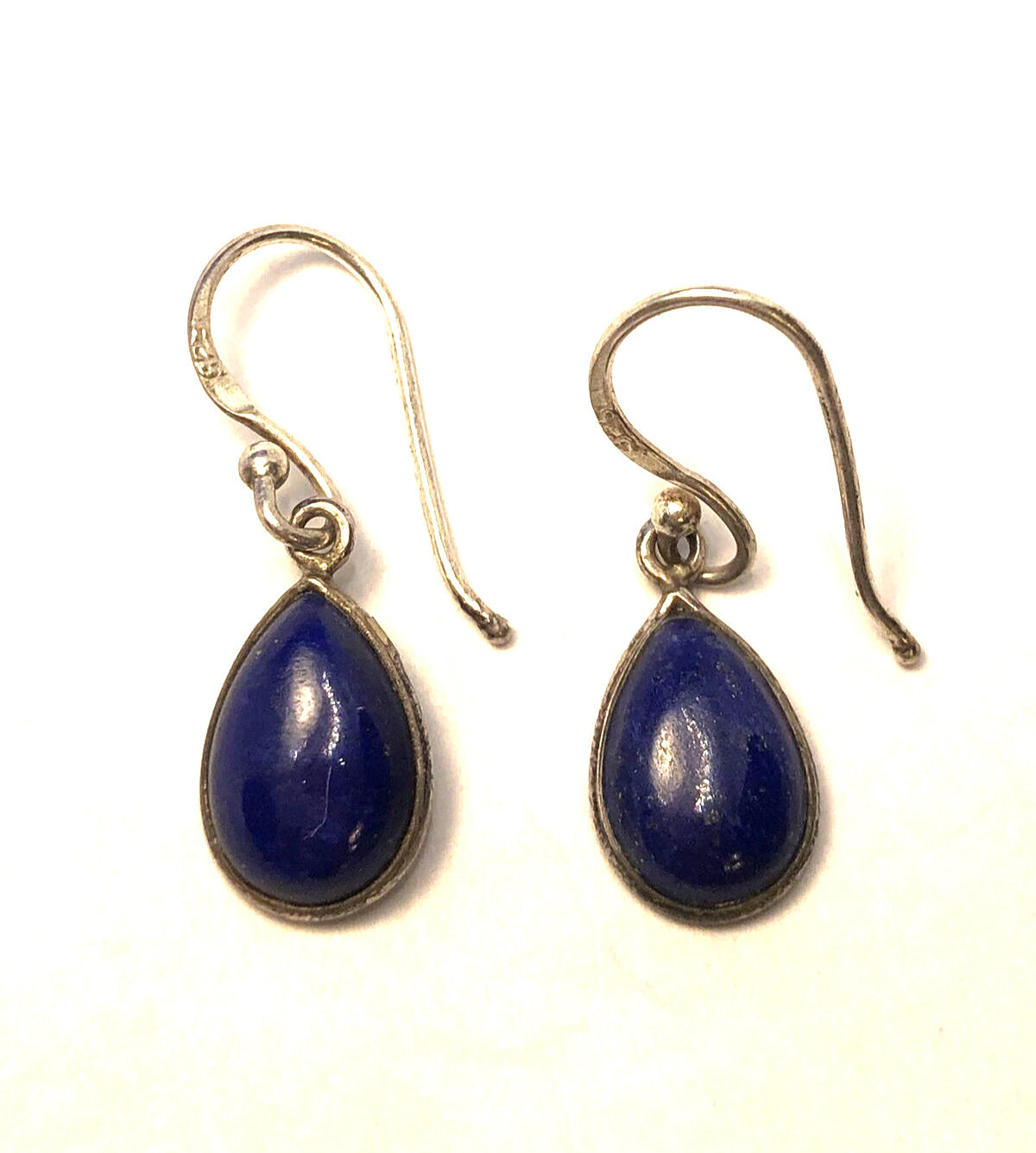 Vintage 925 Sterling Silver Pear Shape Lapis Lazuli Hook Dangle Earrings