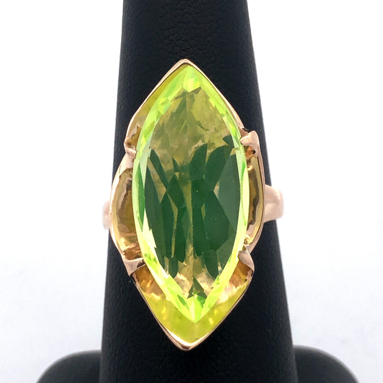 Vintage Custom 14K Yellow Gold Cushion Marquise Green Peridot Statement Ring