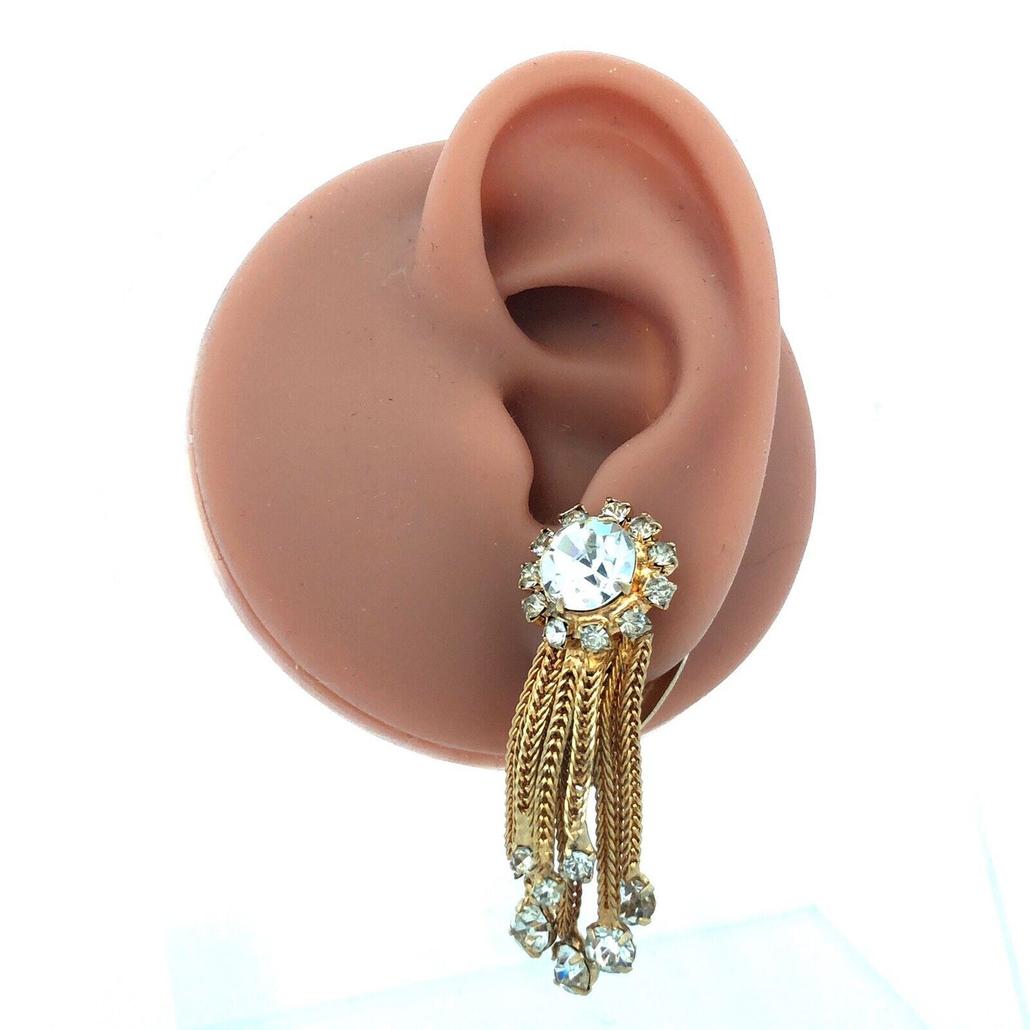 Mid Century Gold Tone Rhinestone Mesh Chain Statement Brooch Earrings 3 Pc Set