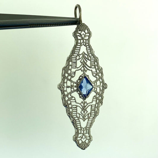 10K White Gold Blue Glass Filigree Statement Pendant