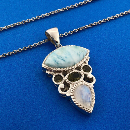 Designer Sterling Silver 925 Blue Agate Peridot Moonstone Drop Pendant Necklace