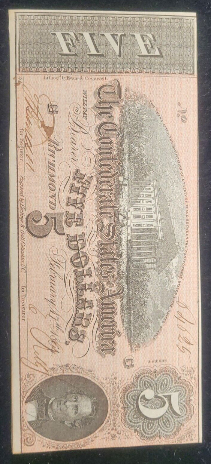 1864 $5 Richmond, VA Confederate States of America Rare Obsolete Bank Note