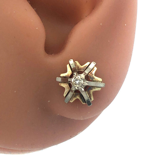 Vintage 14k Yellow White Gold Diamond 6 Point Radiant Star Comet Stud Earrings