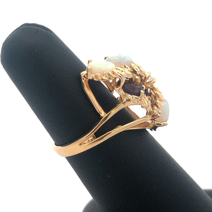 Vintage 14K Yellow Gold Diamond Garnet Opal Free Form Statement Cocktail Ring