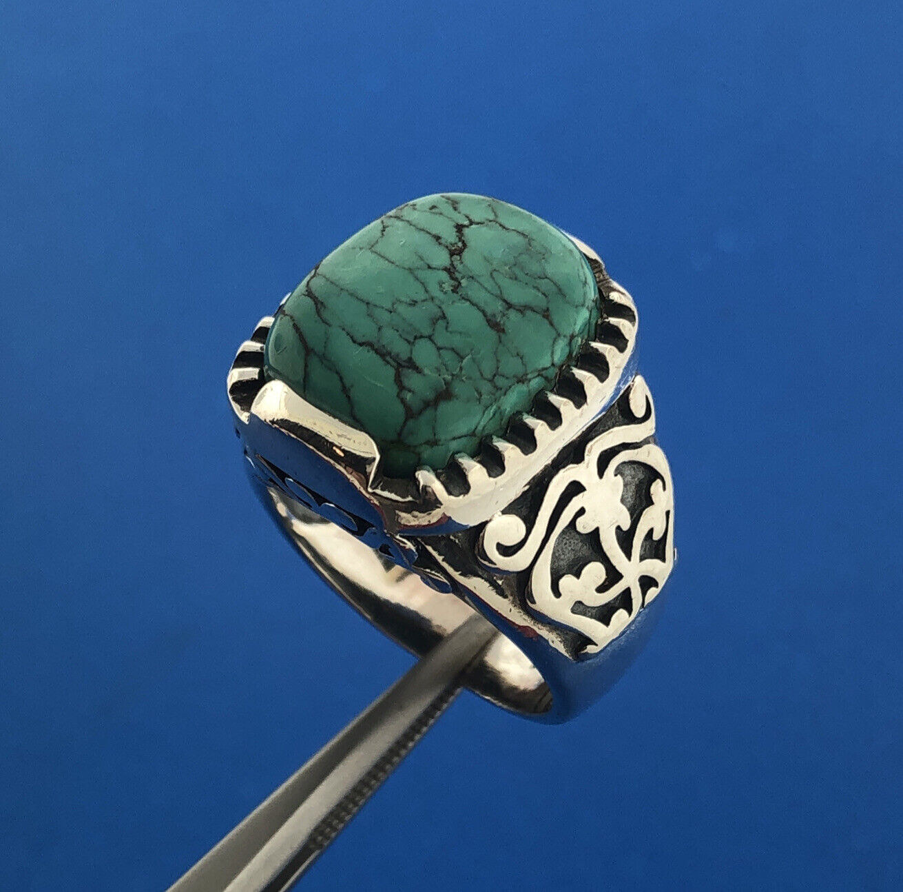 Stunning Sterling Silver 925 Cabochon Green Turquoise Statement Ring Size 7.75