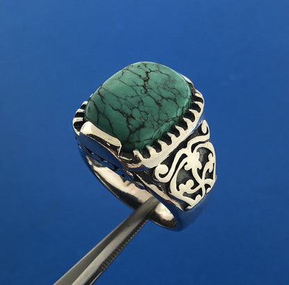 Stunning Sterling Silver 925 Cabochon Green Turquoise Statement Ring Size 7.75