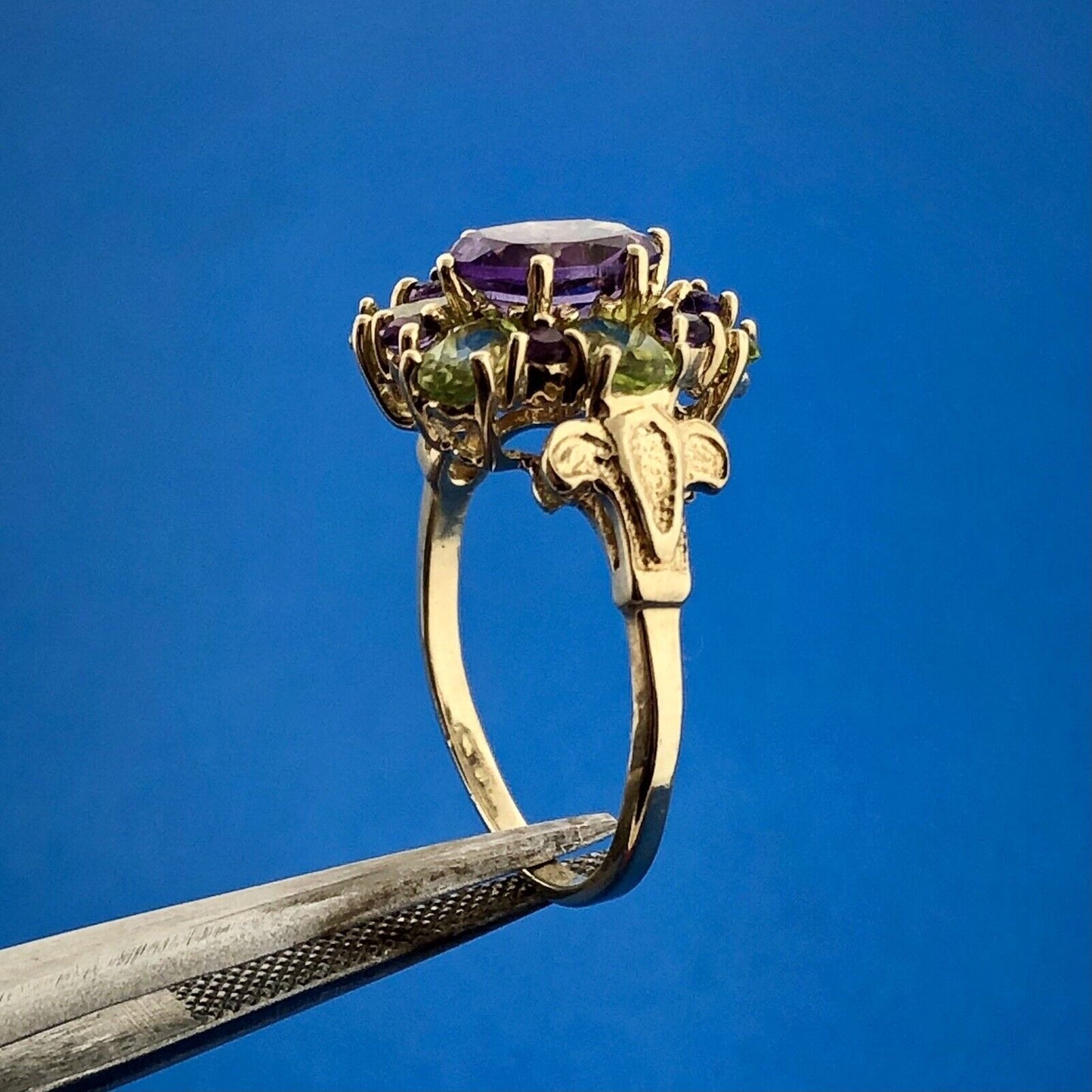 Retro 10K Yellow Gold Peridot Amethyst Floral Flower Cluster Statement Ring