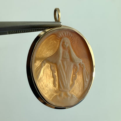 Designer VD 14K Oval Miraculous Medal Mary Catholic Cameo Brooch Pendant