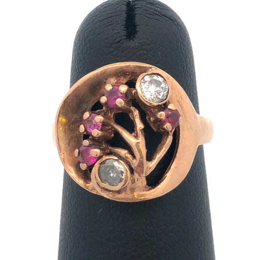 Vintage 14K Yellow Gold Diamond Ruby Free Form Cocktail Ring