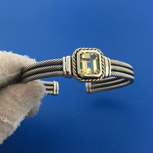 Designer CNA 925 Sterling Silver 14K Green Amethyst Cable Cuff Bracelet