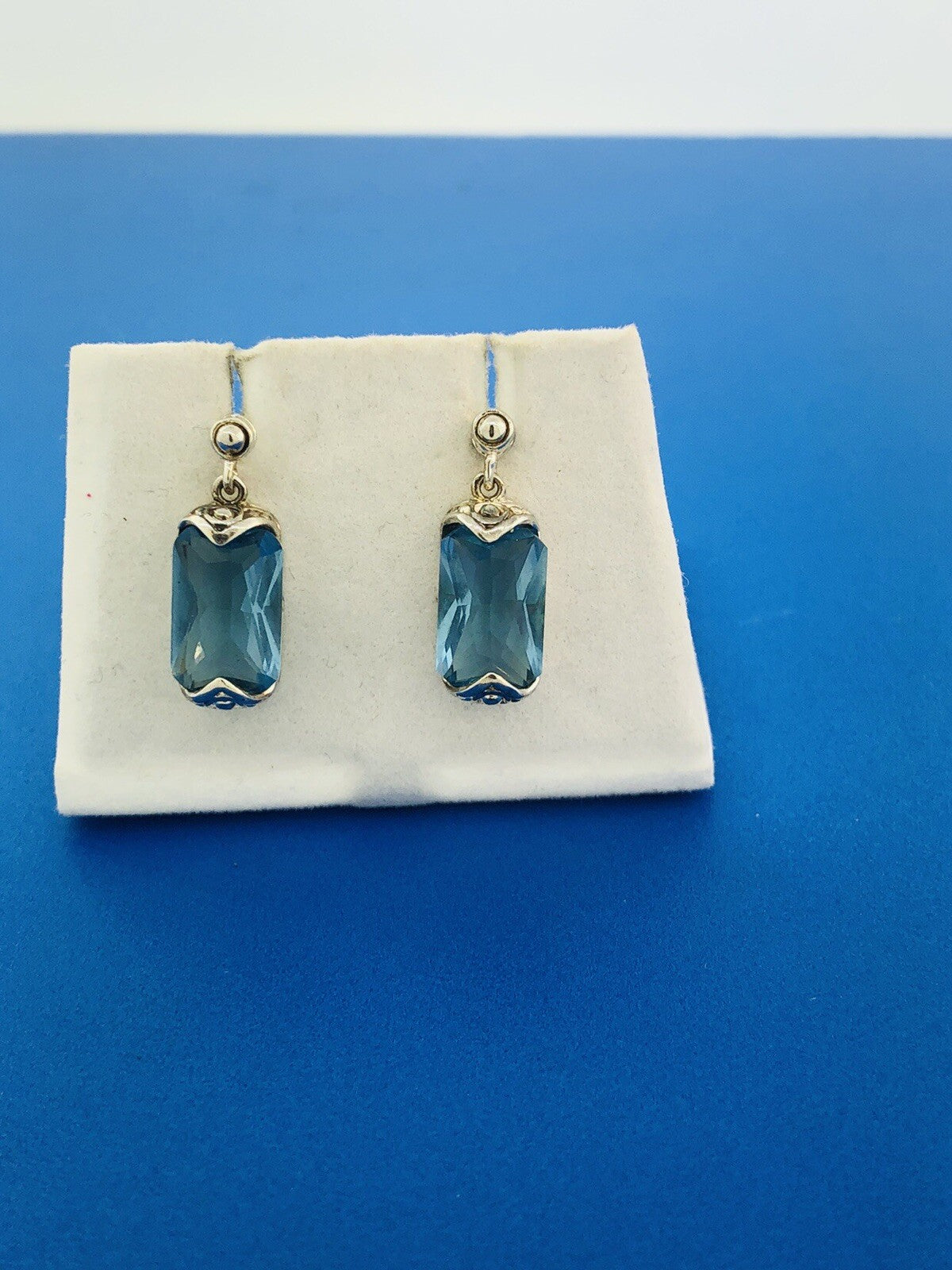 Sterling Silver Rectangle Blue Topaz Bead Scroll Work Statement Drop Earrings
