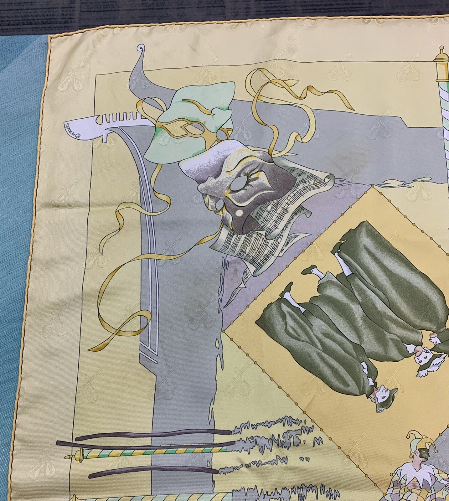 Hermes Carre 90 100% Silk Paris Fete Vinitiennes Opera Yellow Neckerchief Scarf