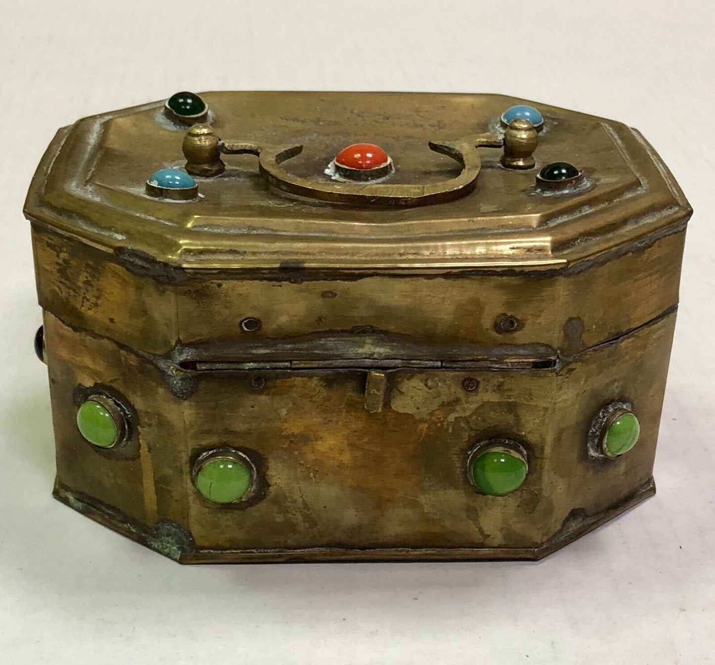 Vintage India Artisan Brass Jeweled Handled Lockable Latched Trinket Jewelry Box