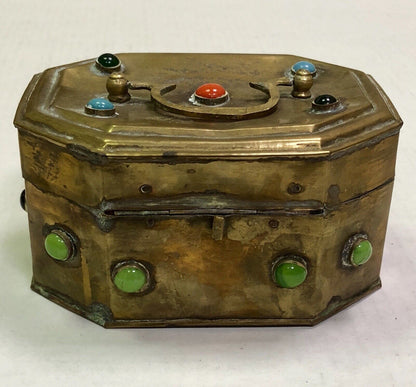 Vintage India Artisan Brass Jeweled Handled Lockable Latched Trinket Jewelry Box