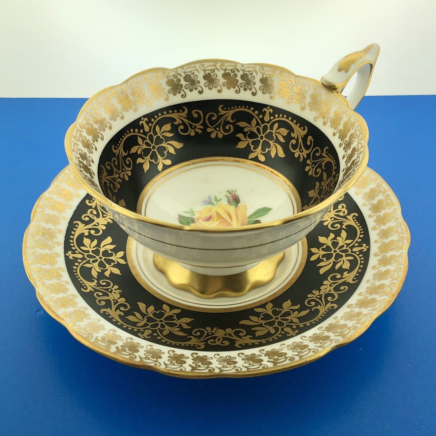 Royal Stafford English Bone China Yellow Rose Black Gold Floral Tea Cup/Saucer