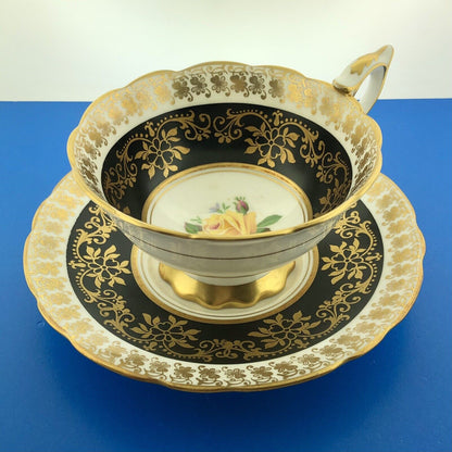 Royal Stafford English Bone China Yellow Rose Black Gold Floral Tea Cup/Saucer