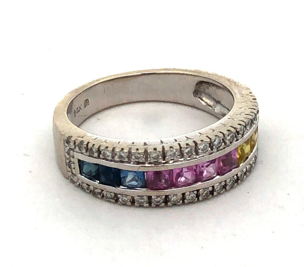 Designer 14K White Gold Multi Gemstone Diamond Mother's Anniversary Band Ring
