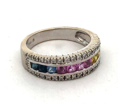 Designer 14K White Gold Multi Gemstone Diamond Mother's Anniversary Band Ring
