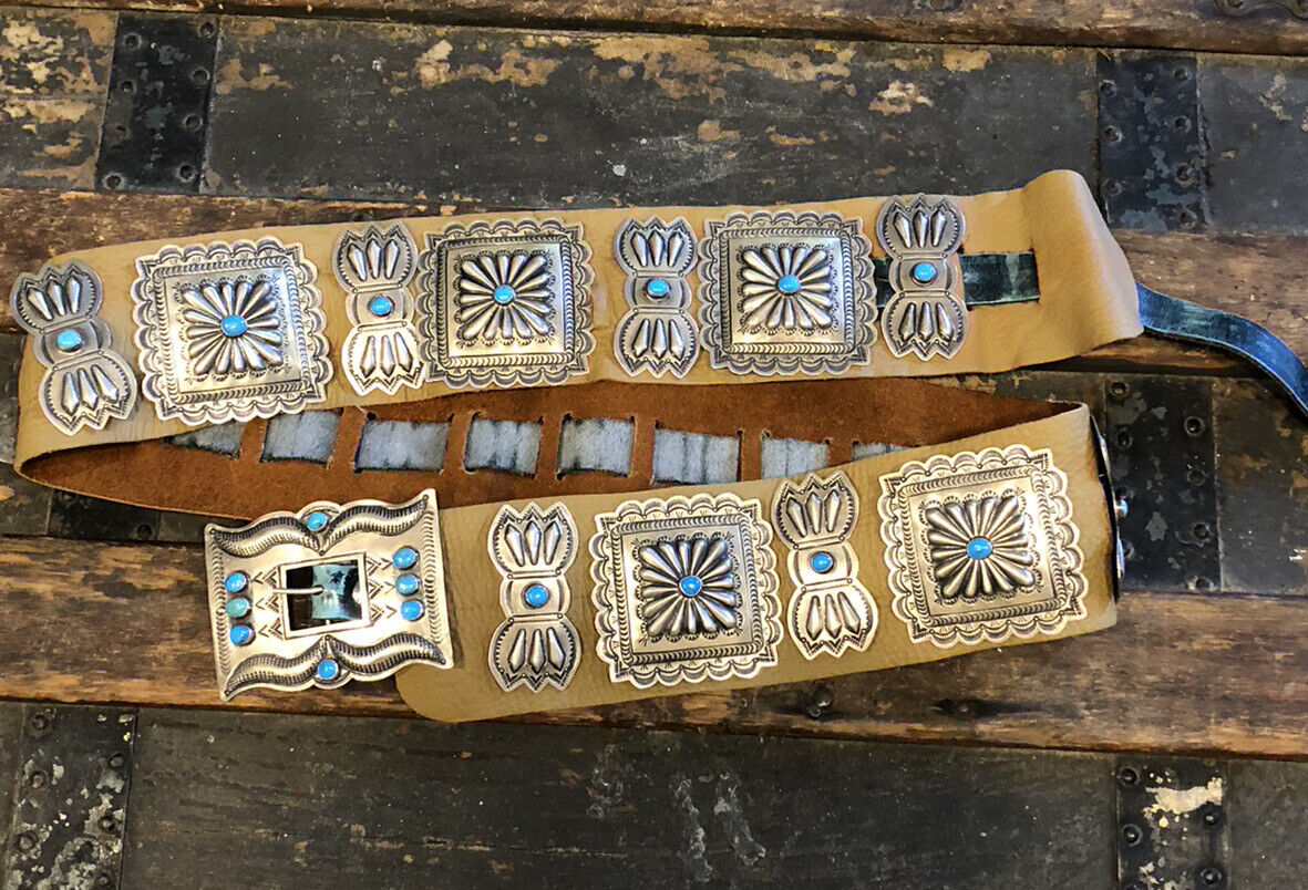 Susie James Navajo 925 Sterling Silver Leather Turquoise Concho Statement Belt