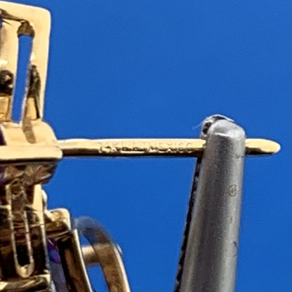 Designer Mexico 14K Yellow Gold Amethyst Dangle Drop Floral Flower Stud Earrings