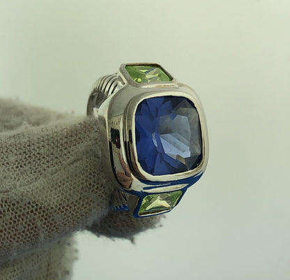 Stunning Sterling Silver 925 Indigo & Green Crystal Statement Ring Size 6.25