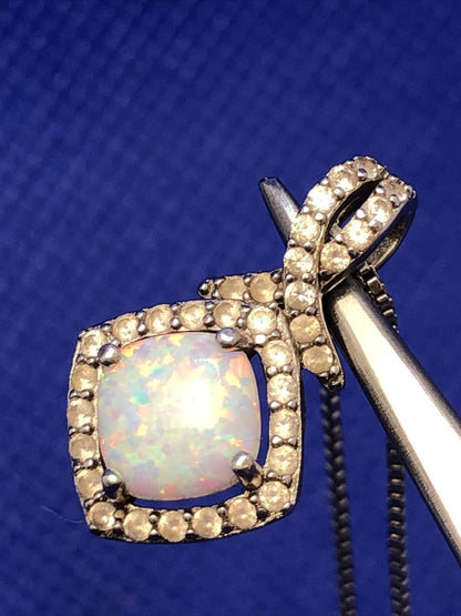 Designer SUN 925 Sterling Silver Opal and Diamond Halo Accent Pendant Necklace