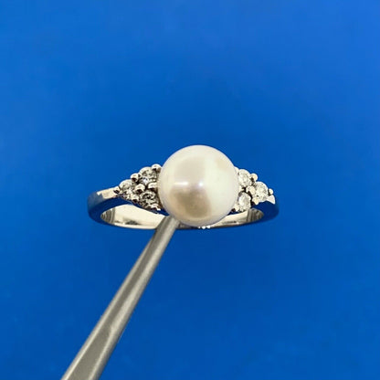 Designer 14K White Gold Pearl Solitaire Diamond Accents Cocktail Ring