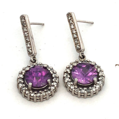 Designer Sterling Silver Round Purple Cubic Zirconia CZ Halo Dangle Earrings