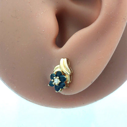 14K Yellow Gold Diamond Sapphire Floral Cluster September Anniversary Earrings