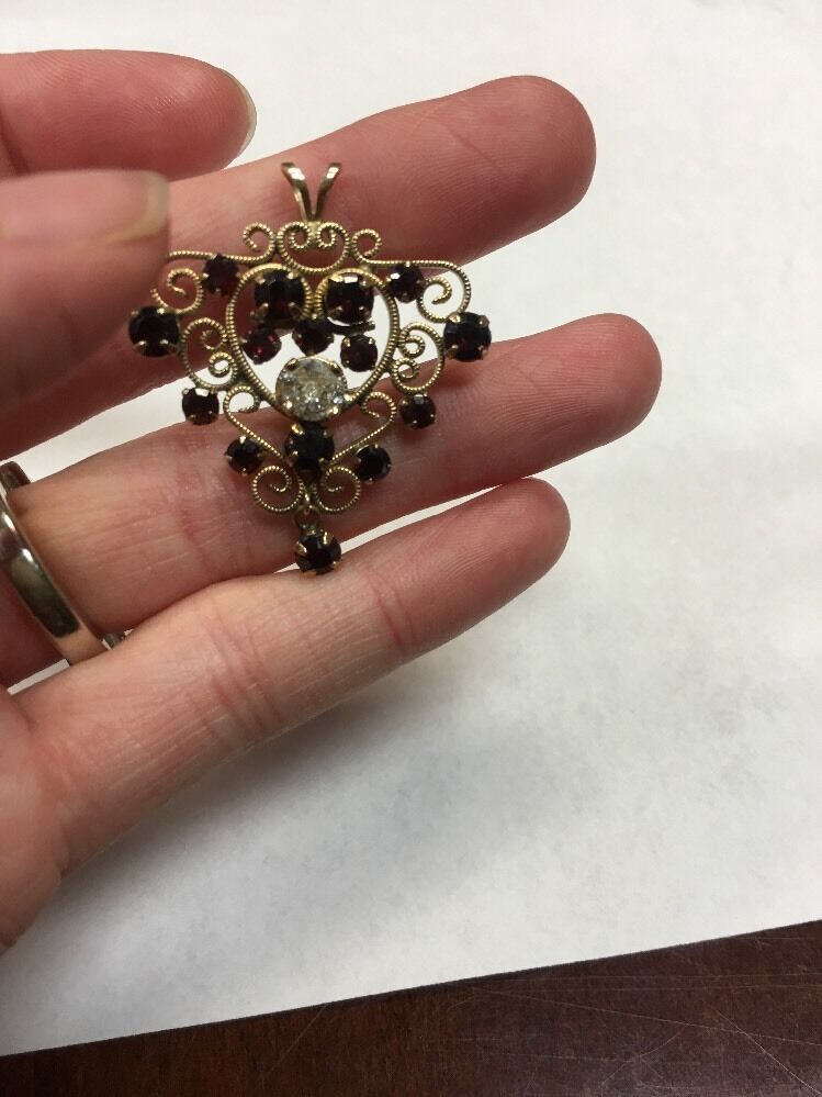 Vintage Designer Winard 12K Yellow Gold Filled Garnet Diamond Filigree Pendant