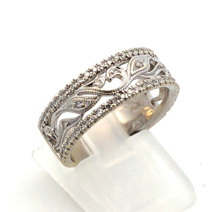 Neil Lane 14K White Gold Pave Diamond Floral Scroll Cutout Wedding Band Ring