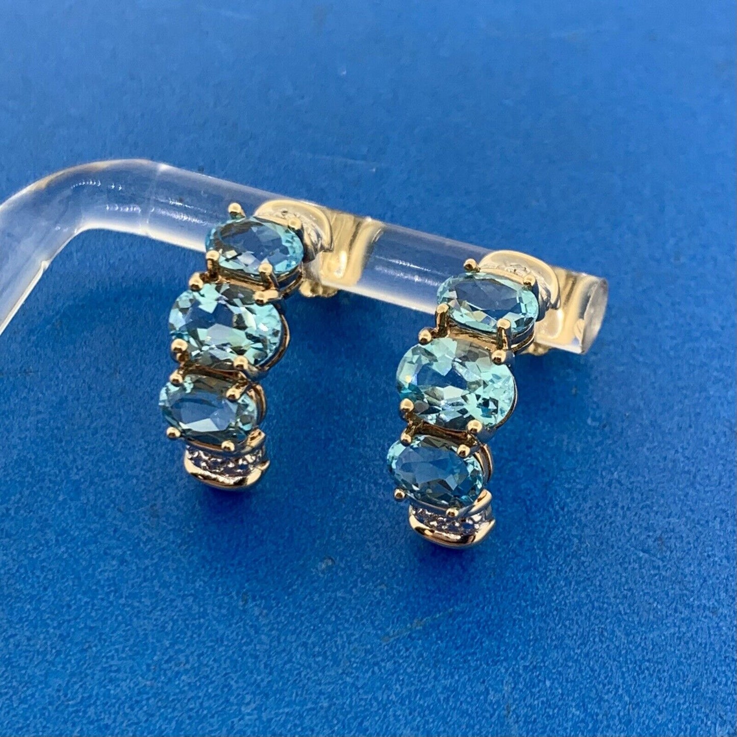 Designer 10K Yellow Gold Oval Blue Topaz Diamond Accented Half Hoop Earrings