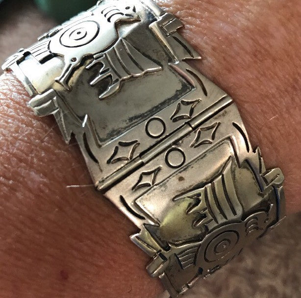 Mexico Sterling Silver 925 3D Peyote Design Four Panel Hinged Cuff Bracelet