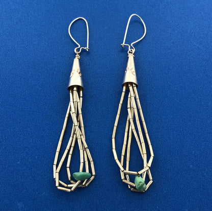 Native American 925 Liquid Sterling Silver Turquoise Bead Drop Dangle Earrings