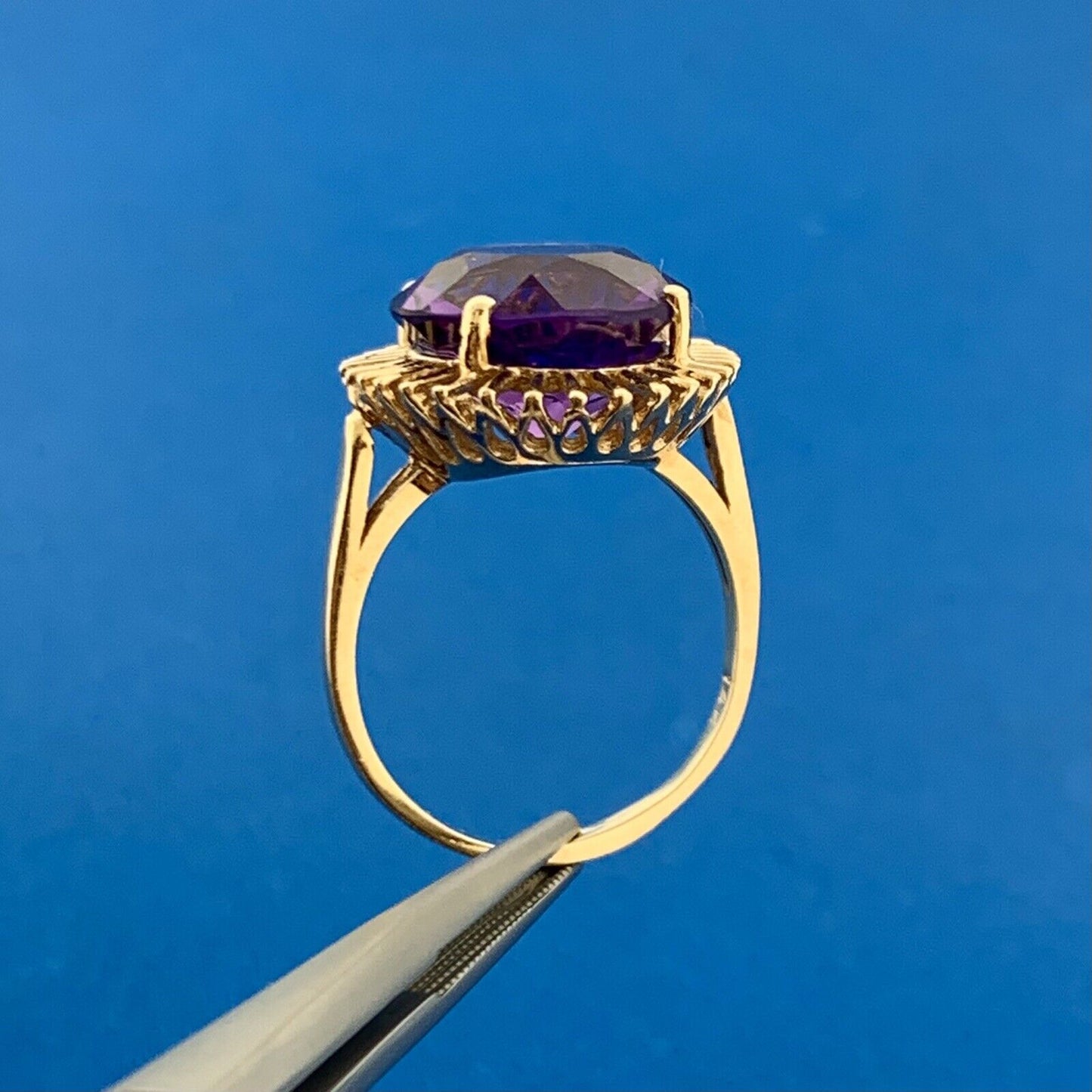 Mid Century 14k Yellow Gold Round Amethyst February Anniversary Statement Ring