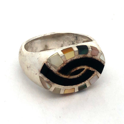 Estate 925 Sterling Silver Black Onyx Mother of Pearl Inlay Oval Signet Ring