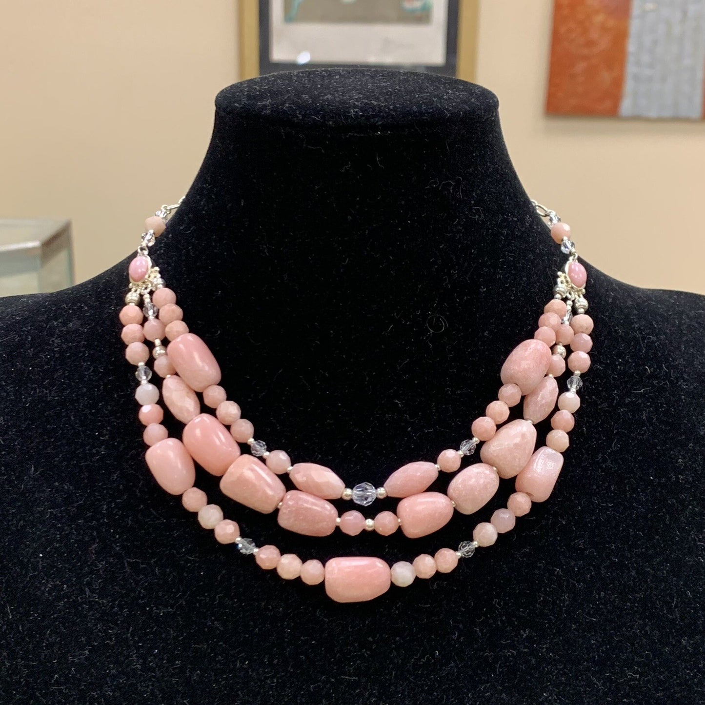 Designer BARSE 925 Sterling Silver Rhodochrosite Beaded Three Strand Necklace