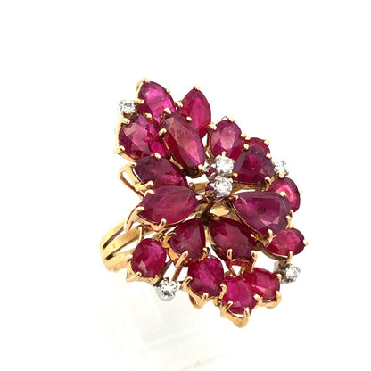 Exquisite Vintage 14K Yellow Gold Ruby Diamond Cluster Statement Cocktail Ring