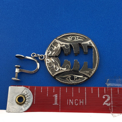 Antique 925 Sterling Silver Niello Siam Temple Cut Out Screw Back Drop Earrings