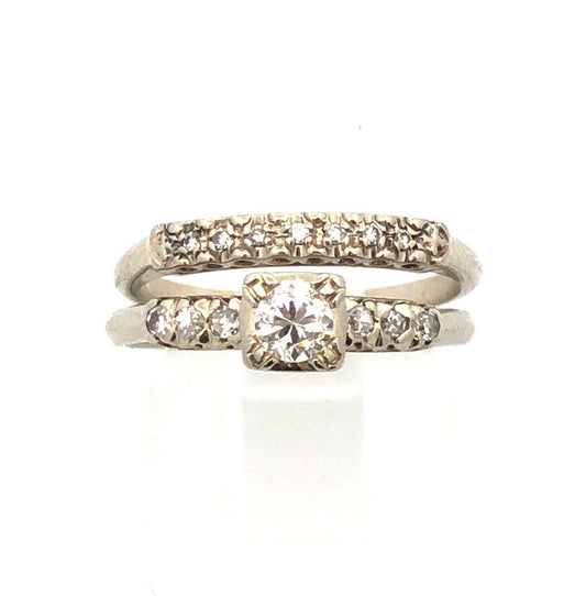 Tru-Heart 14K White Gold Diamond Solitaire W/Accents Engagement Wedding Band Set