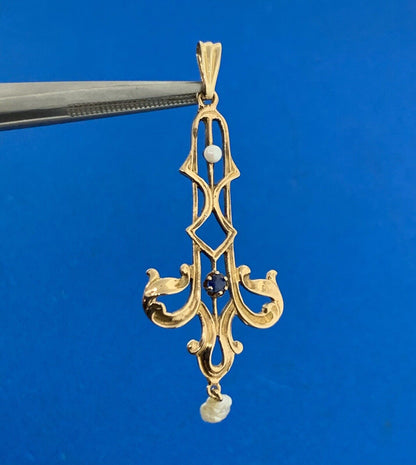 Antique 14K Yellow Gold Sapphire Pearl Scroll Statement Pendant