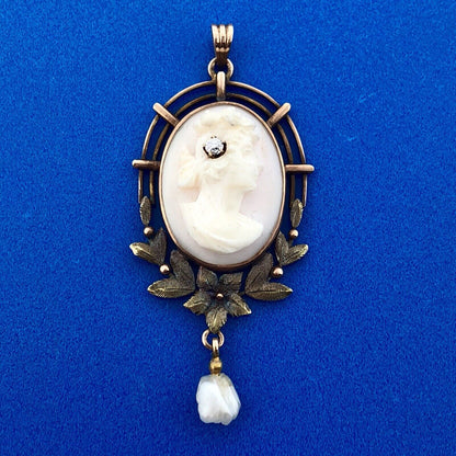 Victorian 10K Rose/Yellow Gold Pink Cameo Pearl Diamond Lavaliere Brooch Pendant