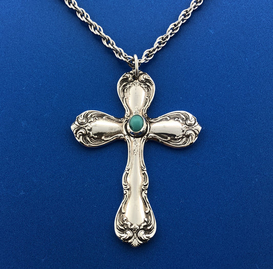 Vintage 925 Towle Old Master Turquoise Cross Religious Easter Statement Necklace