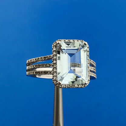 14K White Gold Solitaire Aquamarine Diamond Halo Accented March Anniversary Ring