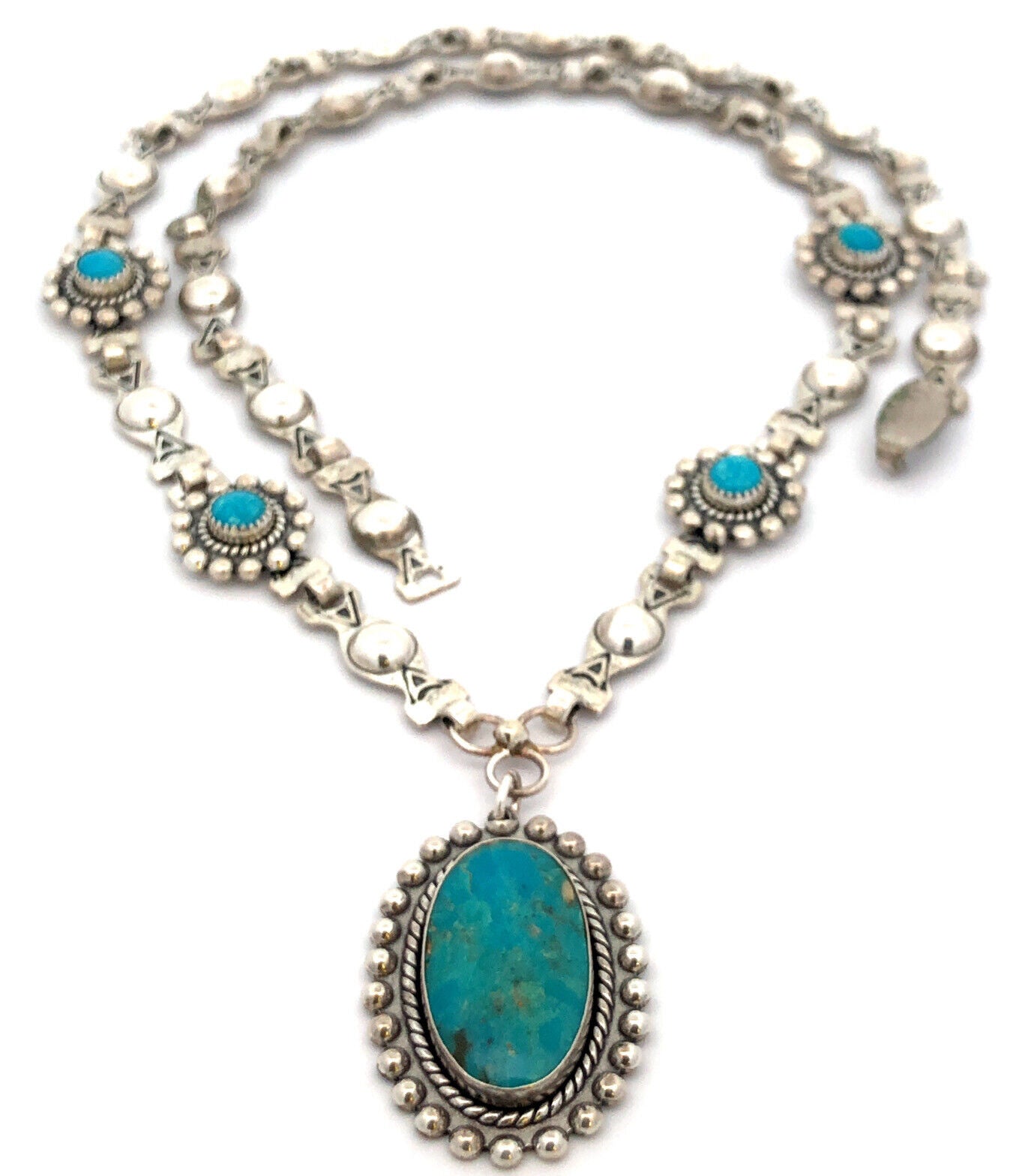 Native American 925 Sterling Silver Concho Turquoise Statement Pendant Necklace