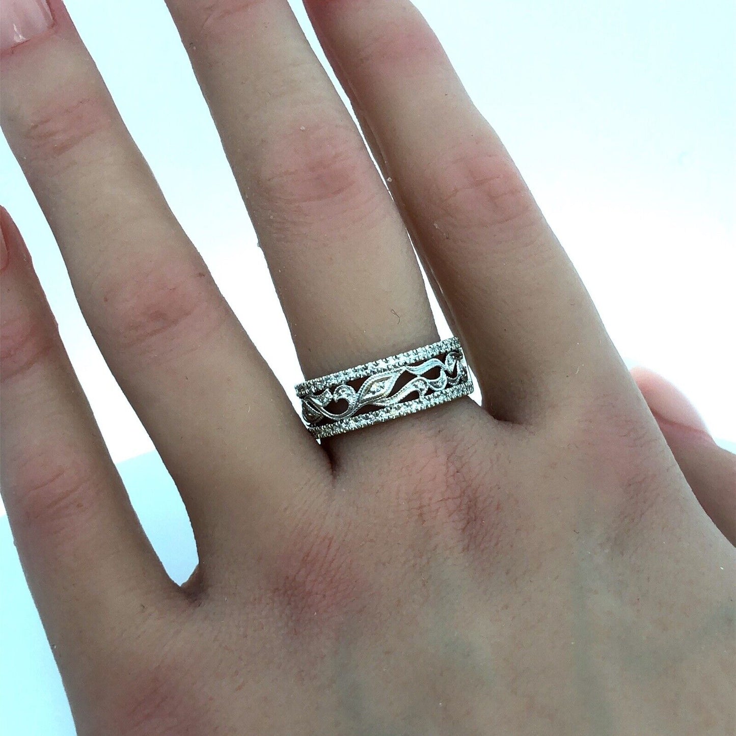 Neil Lane 14K White Gold Pave Diamond Floral Scroll Cutout Wedding Band Ring