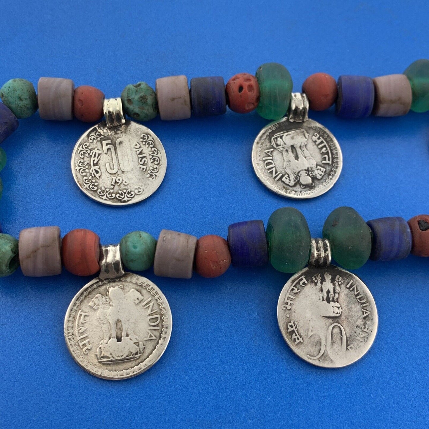 Mid Century Bakelite Art Glass Carved Cinnabar Beaded India Coinage Necklace