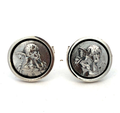 925 Sterling Silver Designer Round Cherub Angel Cufflinks