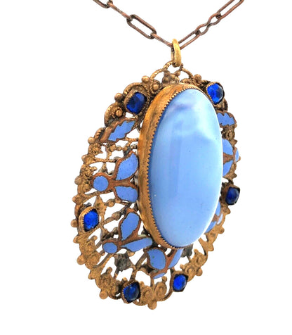 Vintage Bronze Toned Blue Enamel Rhinestone Glass Filigree Pendant Necklace